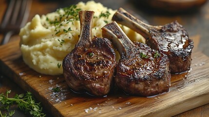 Poster - Closeup on fried lamb chops with mashed potato on the wooden table vertical : Generative AI