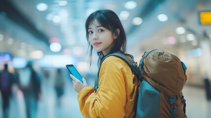 Asian tourist woman traveller with backpack using mobile phone while stand on moving in airport terminal Tourist journey trip concept : Generative AI