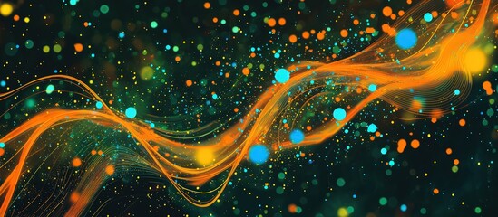 Poster - Abstract with dynamic orange lines and blue dots on dark green, yellow splashes.
