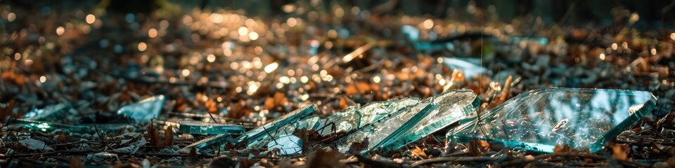 Poster - Fragmented glass shards reflecting light on the ground in a wooded area