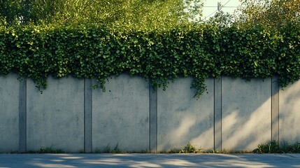 Poster - House fence consisting by a long concrete rectangle block wall and a hedge above Cement sidewalk and asphalt street in front Background for copy space : Generative AI