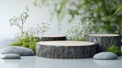 Poster - Decoration Wood cut podium and stone arrangements with green flowers on white background  Abstract podium for organic cosmetic products Natural stand for presentation and exhibitions F : Generative AI