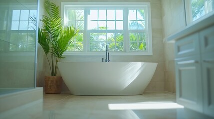 Poster - Photoshoot Footage located in Florida USA Clean modern bathroom with refreshing shower reflecting mirror Bathtub and sleek tiles : Generative AI
