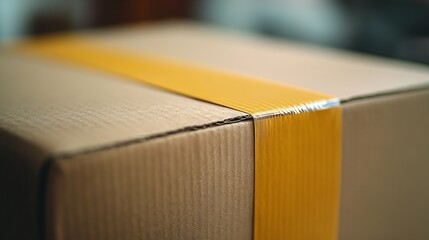 Poster - A closeup of a cardboard box with a large yellow adhesive label : Generative AI