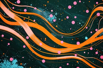 Poster - Orange trails and pink specks on a dark green canvas, accented by light blue droplets.
