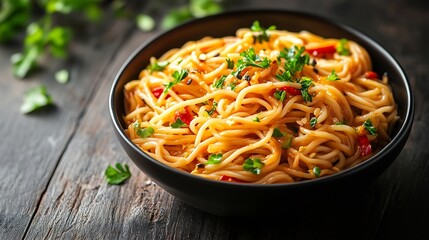 Canvas Print - Delicious fresh noodles with sweet pepper tomato spices and herbs Asian cuisine : Generative AI