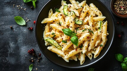 Wall Mural - Penne pasta with zucchini cream cheese and herbs on a gray textured background top view Vegetarian food homemade healthy food : Generative AI