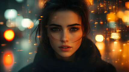 Canvas Print - A young woman with long dark hair looks directly at the camera with a serious expression. Her face is illuminated by warm, blurry lights in the background.