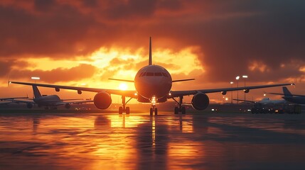 Poster - Airport with many airplanes at beautiful sunset : Generative AI