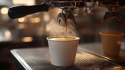 Poster - closeup of an espresso machine dispensing coffee into a white paper cup : Generative AI