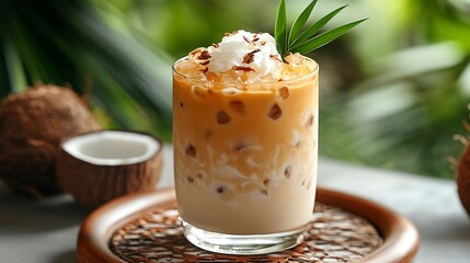 Aufkleber - Iced coffee mixed with milk in a clear glass Coffee mixed with coconut water and coconut meat decorated with pandan leaves on top for added aroma : Generative AI
