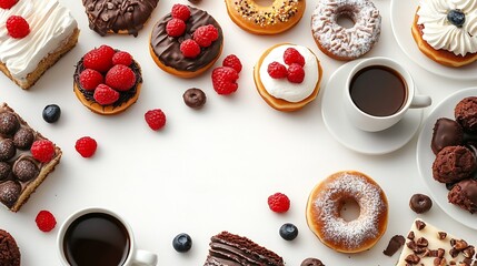 Poster - Table with various cookies donuts cakes cheesecakes and coffee cups on white background  Delicious dessert table Top view flat lay copy space : Generative AI