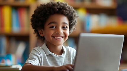 Poster - Talented Small African American Boy Using a Laptop Computer in Class Portrait of a Happy Elementary School Student Studying Hard Learning New Things Getting Modern Education Online : Generative AI