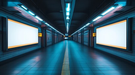 Poster - Two indoor outdoor city light mall shop template Blank billboard mock up in a subway station underground interior Urban light box inside advertisement metro airport vertical : Generative AI