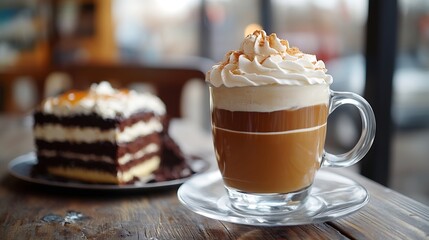 Aufkleber - cup of a fresh caramel latte with whipped cream on the table and chocolate cake : Generative AI