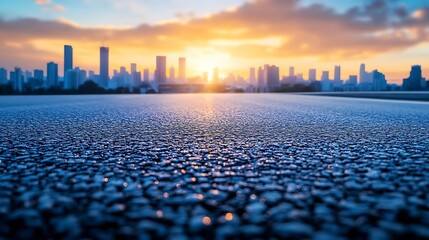 Aufkleber - asphalt road and city skyline with modern buildings at sunset : generative ai