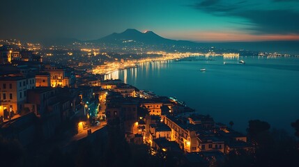 Aufkleber - Naples Italy Top View Skyline Cityscape In Evening Lighting Tyrrhenian Sea And Landscape With Volcano Mount Vesuvius City In Night Illuminations : Generative AI