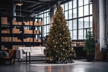 Christmas tree in nordic style interior apartment