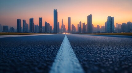 Aufkleber - asphalt highway and skyline with modern buildings at sunset : generative ai