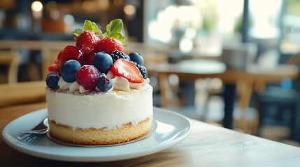 Close up of tasty mini cake with fruits on top over a wooden table in a coffee shop Delicious cup of coffee Cake with biscuit on top : Generative AI