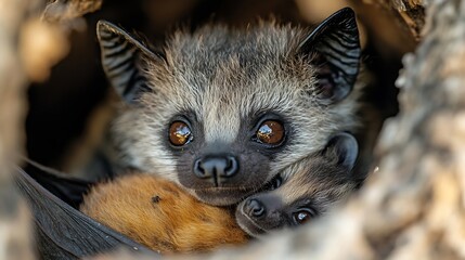 Close up face portrait of african fruit bat mother taking care of cute newborn baby cub very sweet and lovely in beautiful nature on safari game in wild sanctuary Kruger National Park  : Generative AI