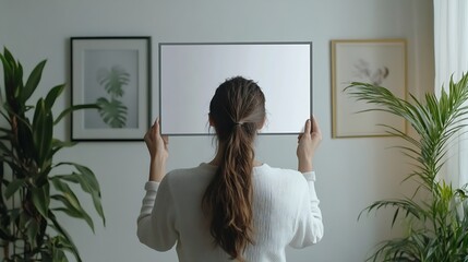 Poster - Back view of woman hanging copy space picture frame on white wall in apartment Female hold blank poster in hands while she decorate living space Art placard in room : Generative AI