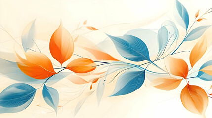 Wall Mural - Abstract orange and blue leaves on a cream background.