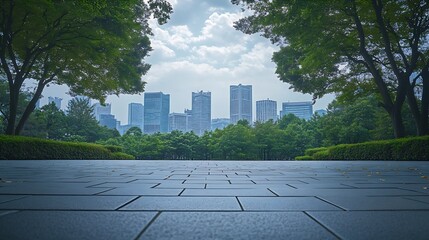 Poster - Empty square floor and green forest with city skyline scenery : Generative AI