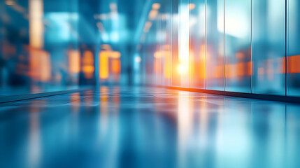 Poster - Abstract view of a modern hallway with sunlight reflecting off the polished floor and glass wall.