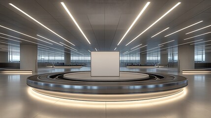 Poster - Lisbon Luggage claim area Circular conveyor belt featuring a large white blank mockup at its center The greytoned surroundings are impeccably illuminated with bright white lights very  : Generative AI