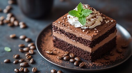 Delicious chocolate cake with mint and coffee drink with cream Coffee beans are scattered on the table Copy space : Generative AI