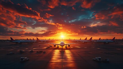 Poster - Airport with many airplanes at beautiful sunset : Generative AI