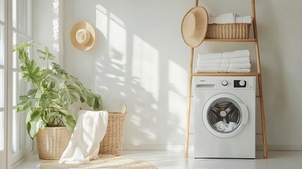 Aufkleber - Modern washing machine with basket shelving unit and ladder near white wall Interior of home laundry room : Generative AI