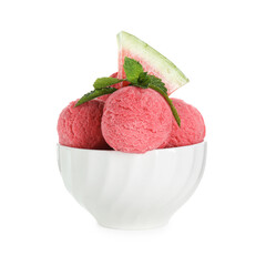 Wall Mural - Scoops of tasty watermelon sorbet in bowl, fresh fruit and mint isolated on white