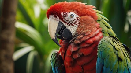 Wall Mural - Red tropical macaw parrot. Ara macaw exotic bird closeup view