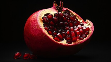 Poster - Artistic Close up Macro Tropical open Pomegranate with seeds also called Punica granatum Photographed on a clean textured black background prepped ready to eat : Generative AI