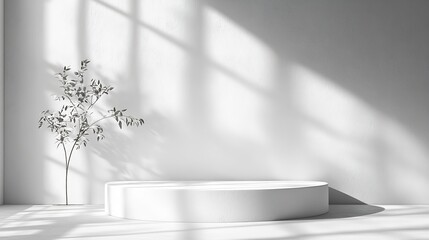 Poster - White Wall Studio BackgroundEmpty Grey Room Background with Light Leaves Shadow on Table Top Surface TextureBackdrop Mockup Display Podium Design for displaying product present of Cosm : Generative AI
