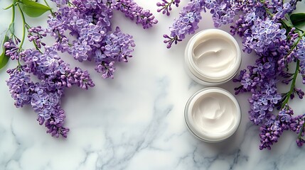 Poster - Two white unbranded containers with cream balm or toothpaste on white marble background with fresh aromatic lilac flowes top view Natural herbal cosmetic concept : Generative AI