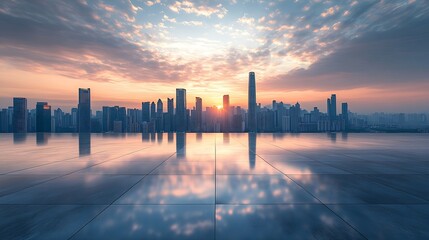 Poster - Empty floor and modern city skyline with building at sunset in Suzhou Jiangsu Province China high angle view : Generative AI
