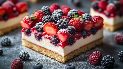 Poster - Berry sour cream cake cut into squares portion : Generative AI