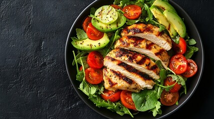 Poster - Trendy salad Chicken grilled fillet with salad fresh tomatoes and avocado Healthy food ketogenic diet diet lunch concept KetoPaleo diet menu Top view overhead banner : Generative AI