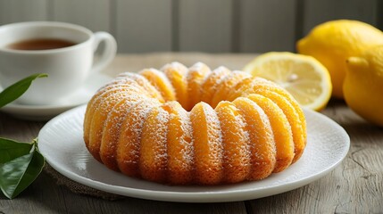 Poster - Homemade lemon cake in the form of a ring soaked with lemon syrup and cup of tea or coffee on white wooden table Front view : Generative AI