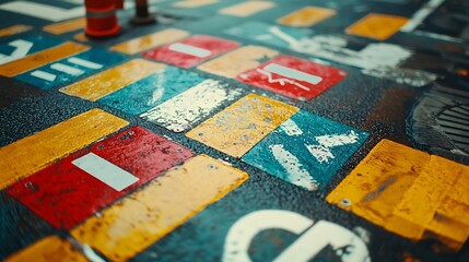 Poster - Elevated view of traffic signs painted on an avenue : Generative AI