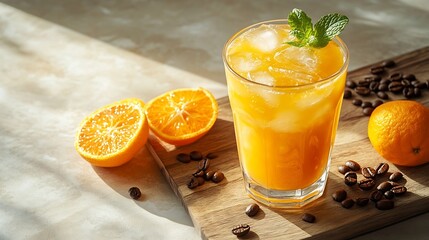 Aufkleber - Coffee with orange juice bumble in a tall glass with ice and mint on a wooden board on a light background with coffee beans fruits and morning shadows Trendy summer Asian refreshing dr : Generative AI