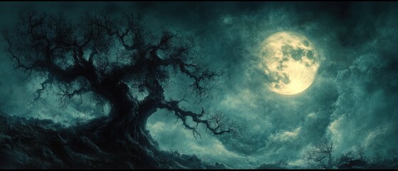 Wall Mural - A Silhouetted Tree Under a Full Moon and a Cloudy Sky