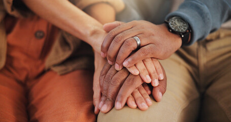 Poster - Holding hands, couple and comfort with support, empathy and love with compassion, care and relax. Closeup, people and man with woman, kindness and touching for anxiety, calm and peaceful in lounge