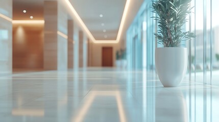 Poster - Blurred hotel or office building lobby blur background interior view toward reception hall modern luxury lounge white room space with blurry corridor and building glass wall : Generative AI