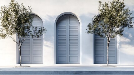 Poster - Closed gray arched shutters on a white facade Concrete sidewalk and street in front Background for copy space : Generative AI