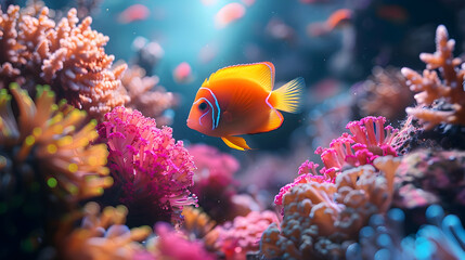 Orange and Blue Fish Swimming in a Coral Reef - Underwater Illustration