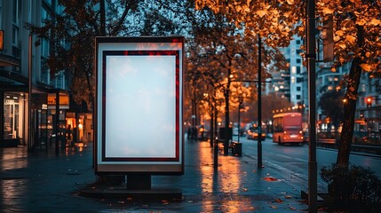 Aufkleber - Blank White Mockup Of Bus Stop Vertical Billboard In Front Of Modern Building Outdoor Advertising Lightbox On A City Street : Generative AI